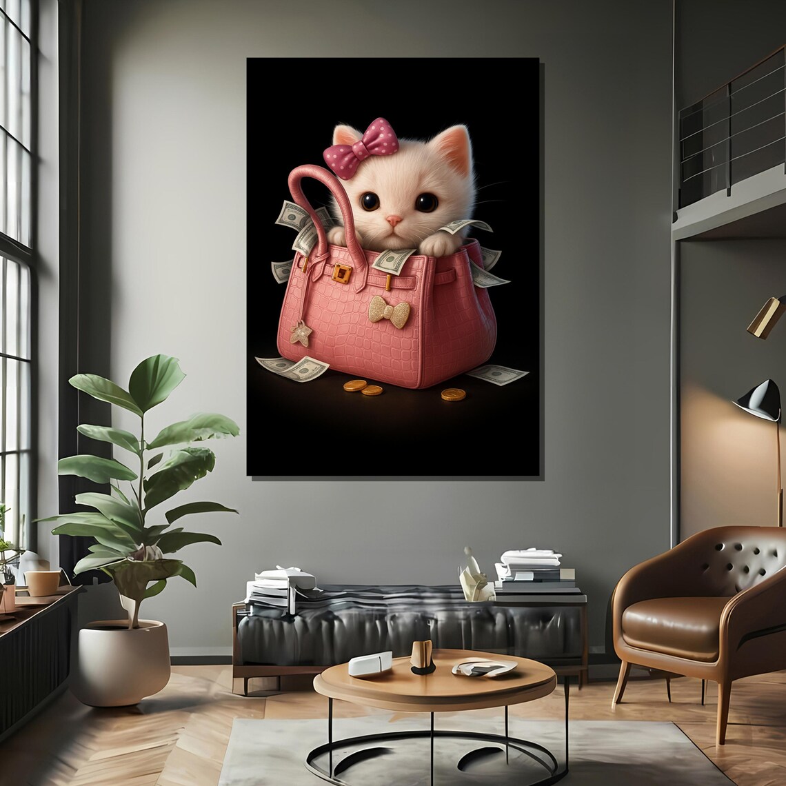 Luxury Cat In Pink Bag, Money Art Print - Image 2