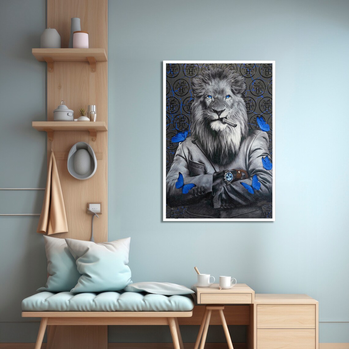Stylish Lion With Blue Butterflies, Modern Animal Art Print - Image 2