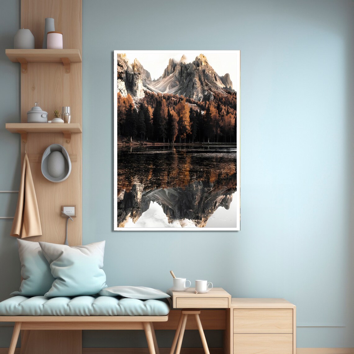 Serene Mountain Reflection, Autumn Forest Lake Art - Image 4