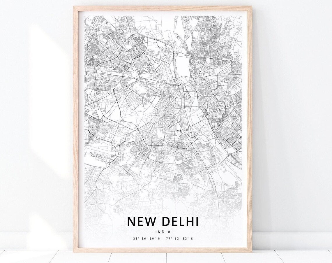 New Delhi India City Street Map Modern Black White Art Poster