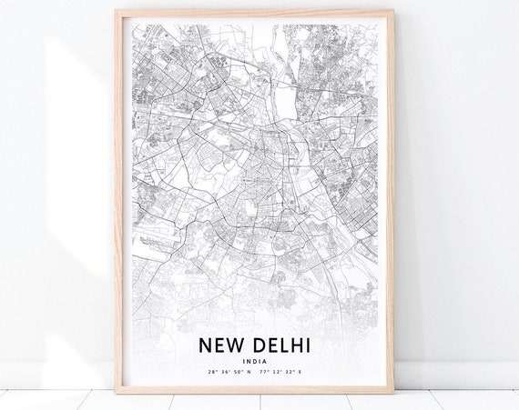 New Delhi Map Print India Art Poster City Street Road Black White Modern Wall Office Decor