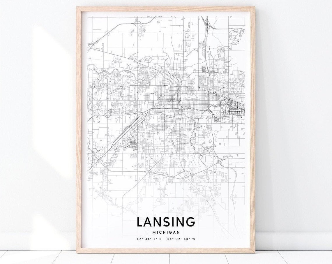 Lansing Map Print, Michigan City Street Road Poster