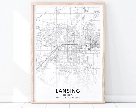 Lansing Map Print, Michigan City Street Road Poster
