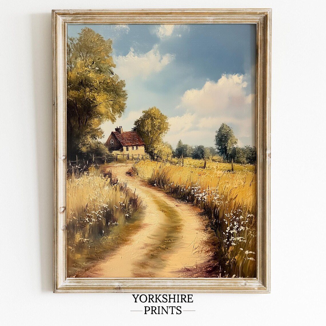 Country Dirt Road Golden Wheat Field Farmhouse Summer Art Poster