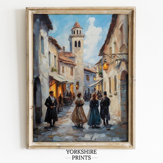 Antique European Cityscape Wall Art Rustic Village Print Vintage Countryside Artwork Moody European Village Painting For Home Decor