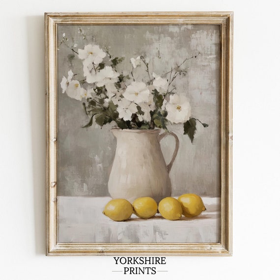 Vintage Still Life with Flowers and Lemons, Art Print