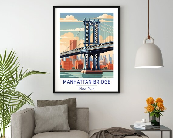 Manhattan Bridge New York Vintage Travel Style Colorful Poster