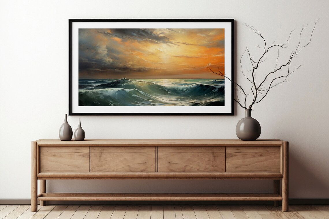 Dramatic Sunset Ocean Wave Rolling Under Stormy Golden Clouds Art Poster