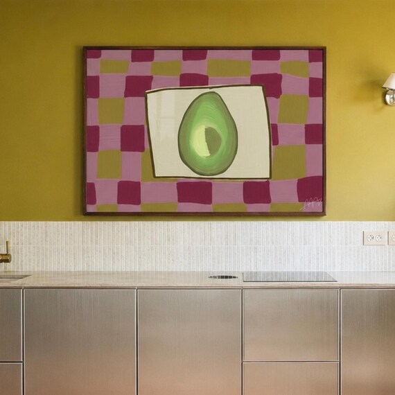 Avocado Half Illustration On Pink Checkered Kitchen Art Print