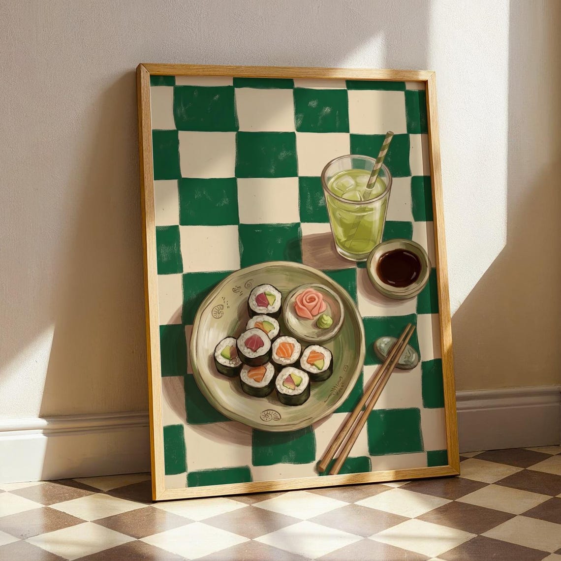 Sushi Rolls Platter and Green Tea Illustration Kitchen Poster