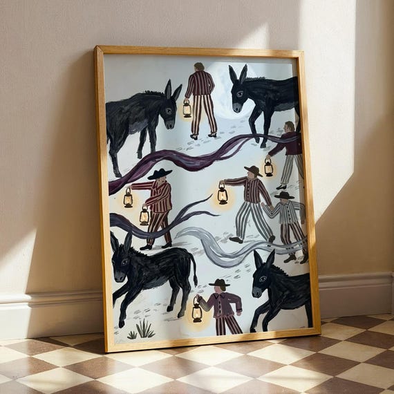 Folk Art Donkey Print Whimsical Nave Oil Painting Moody Night Landscape Wall Vintage Storybook Poster Mid Century Primitive Decor