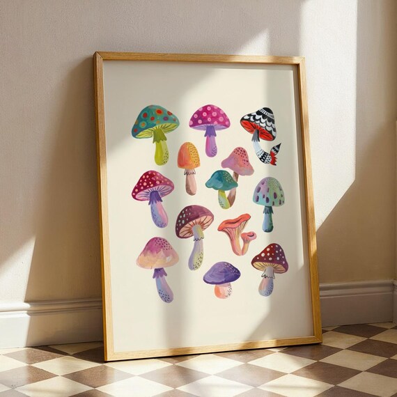 Colorful Mushroom Wall Art Print Cottagecore Botanical Decor Vintage Fungi Poster Whimsical Woodland Nursery Printable Digital Download