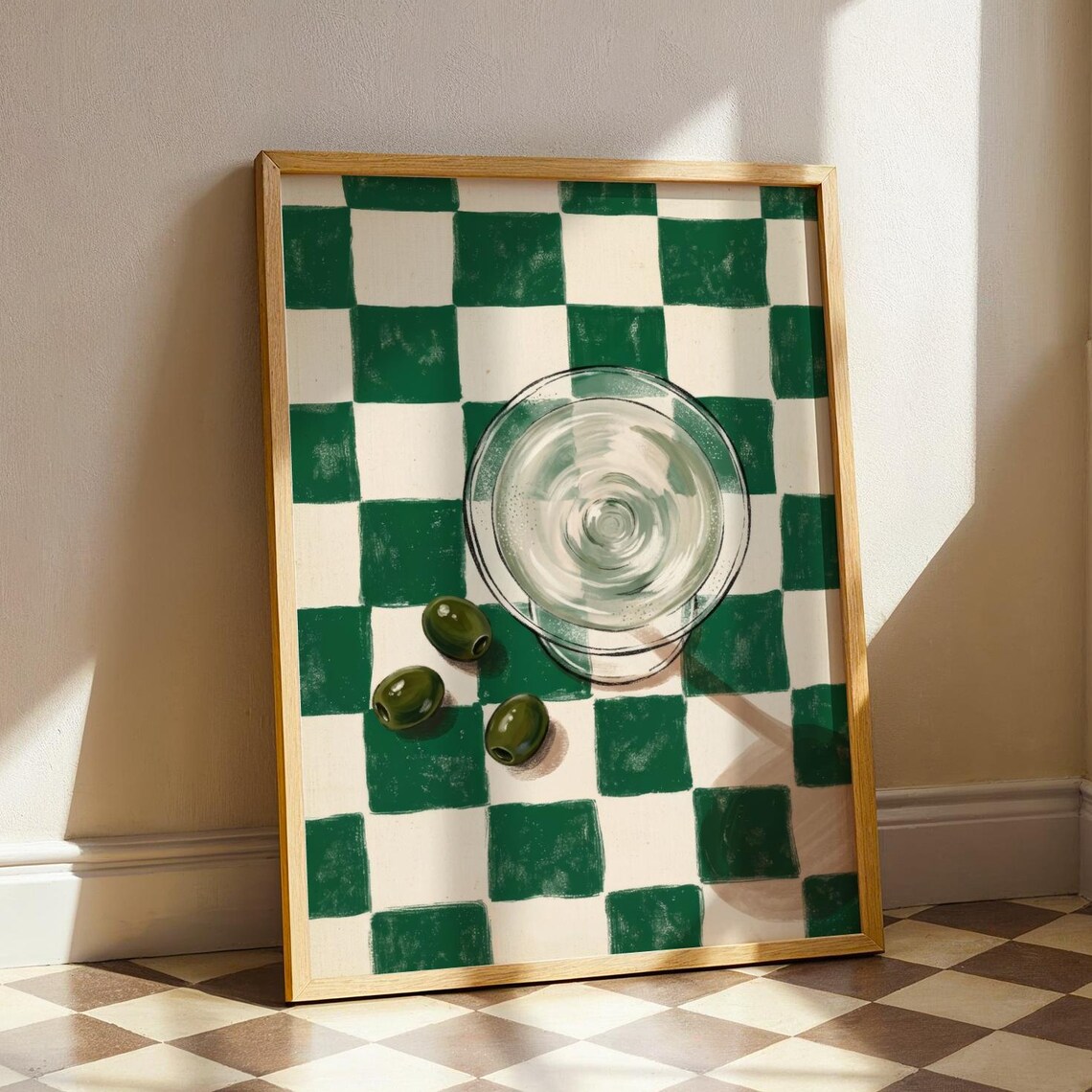Martini Glass Top View Green Checkered Tablecloth Olives Still Life Poster