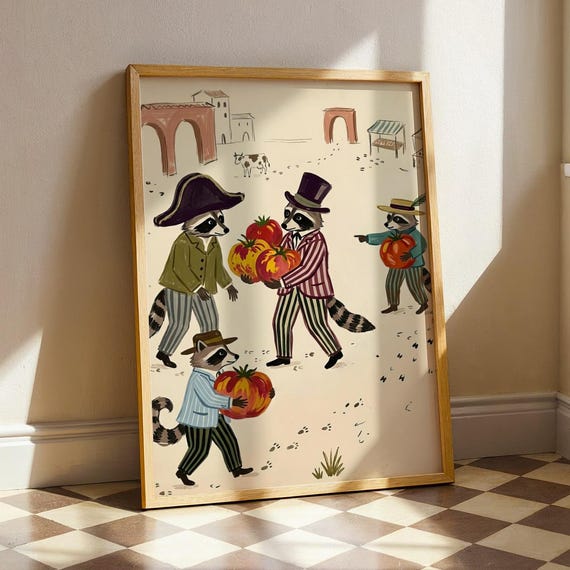 Funny Raccoon Storybook Art Print Whimsical Woodland Kitchen Decor Vintage Mid Century Poster Cottagecore Tomato Paint Digital Download