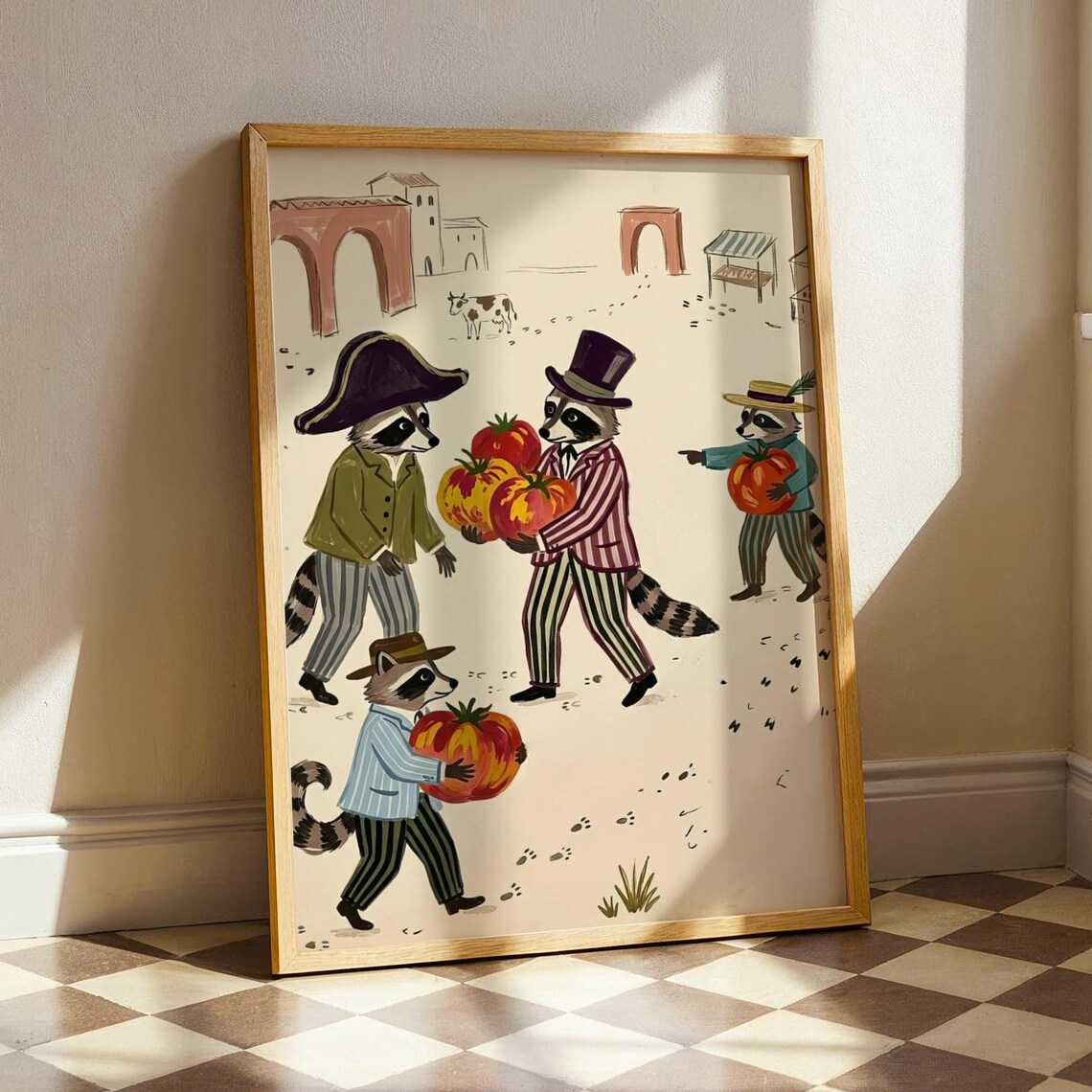 Raccoon Family Carrying Pumpkins Storybook Autumn Woodland Art Poster