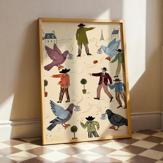 Paris Pigeons and French Gentlemen Eiffel Tower Whimsical Art Poster