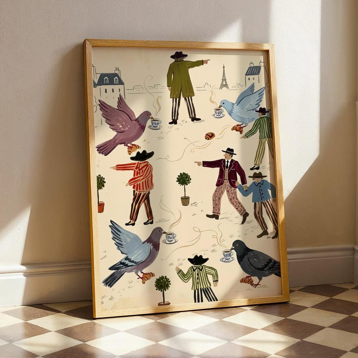 Paris Pigeons and French Gentlemen Eiffel Tower Whimsical Art Poster