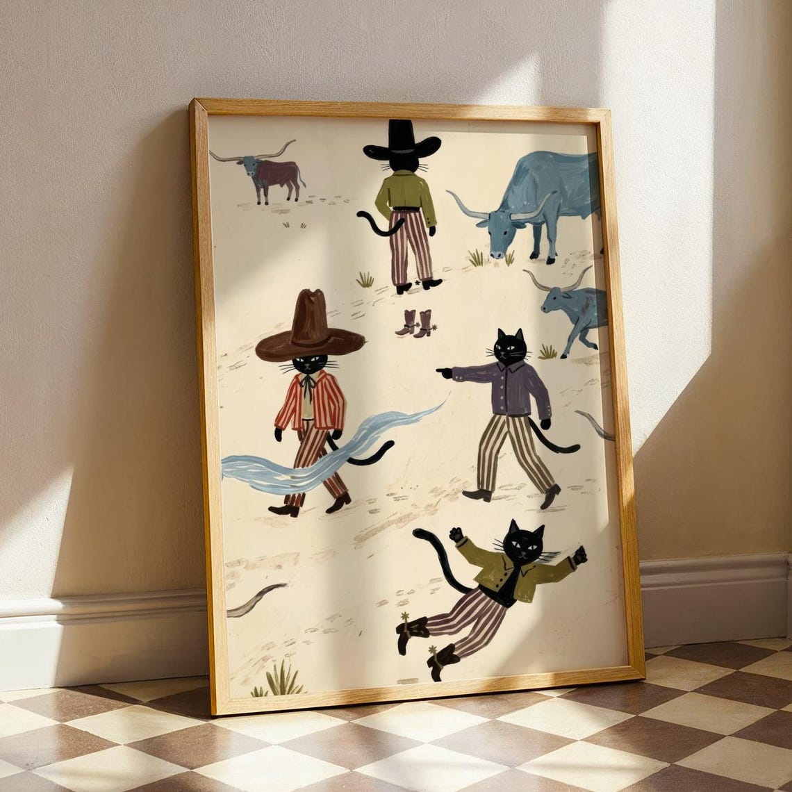 Cowboy Cats Folk Art Print Whimsical Western Black Cat Ranch Decor