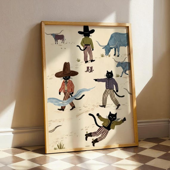 Cowboy Cat Folk Art Print Eclectic Black Naive Painting Western Nursery Decor Longhorn Cattle Illustration Country Farmhouse Poster