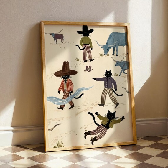 Cowboy Cats Folk Art Print Whimsical Western Black Cat Ranch Decor
