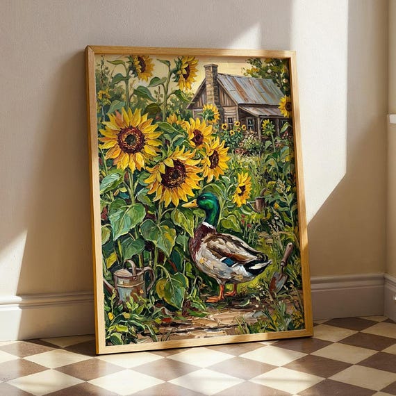 Mallard Duck In Sunflower Garden Oil Painting Print Whimsical Folk Art Country Cottagecore Wall Decor Rustic Farmhouse Kitchen Poster