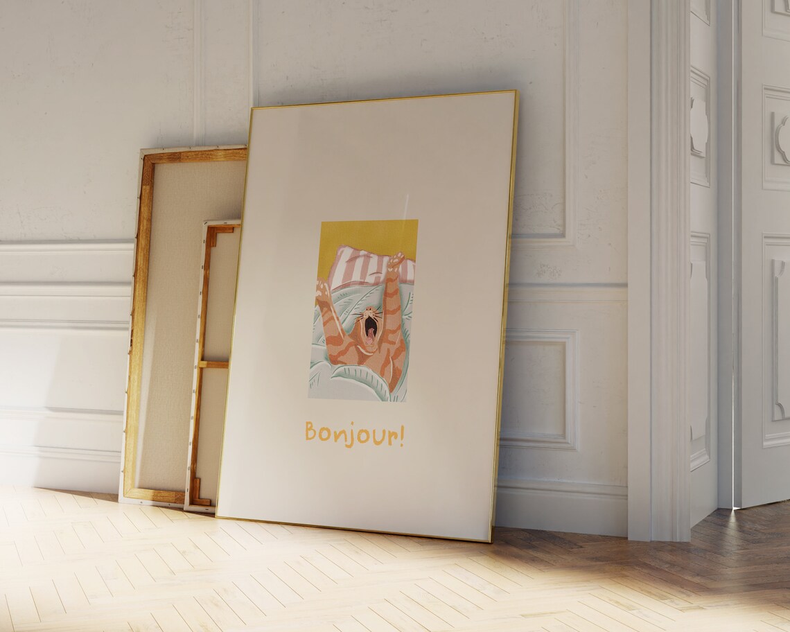 Bonjour Cat Morning Stretch Orange Tabby Funny Bedroom Poster - Image 2