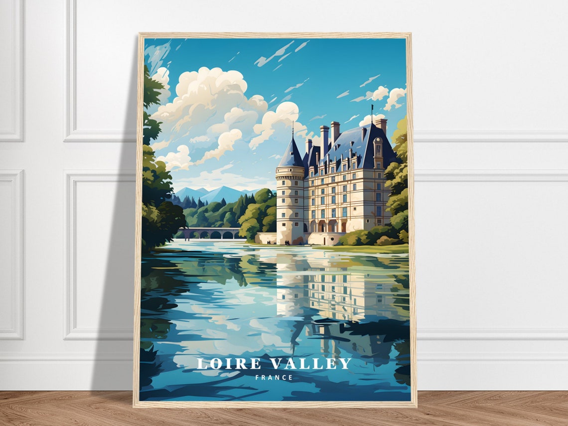 Loire Valley France Chateau River Reflection Vintage Travel Poster