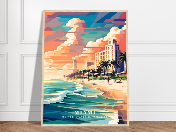 Colorful Miami Beach Florida Lighthouse Sunset Retro Travel Poster