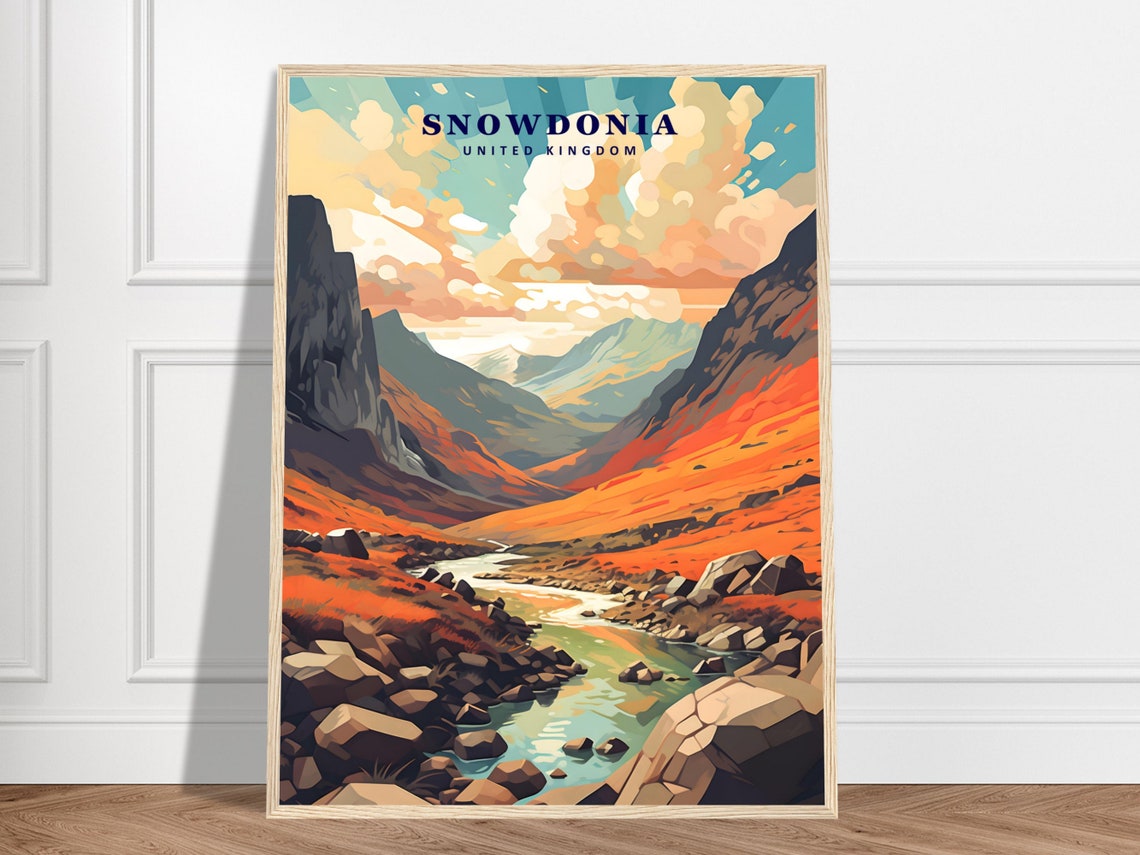 Snowdonia United Kingdom Mountain Valley Vintage Travel Poster