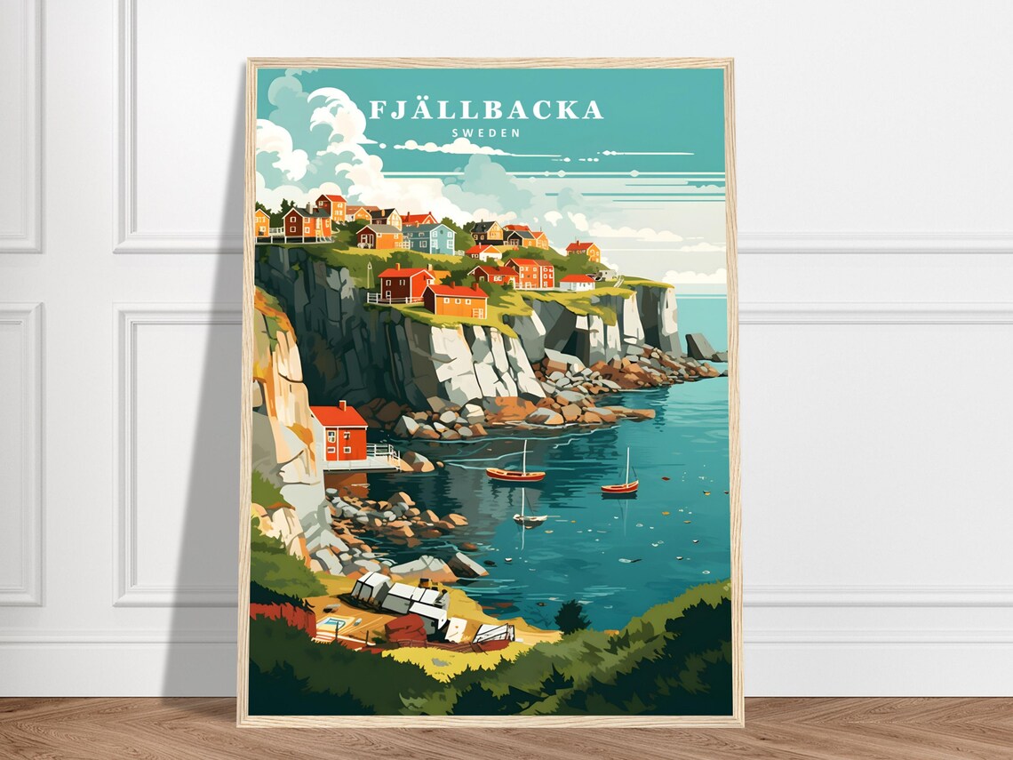 Fjallbacka Sweden Travel Poster Colorful Cliffside Fishing Village Art