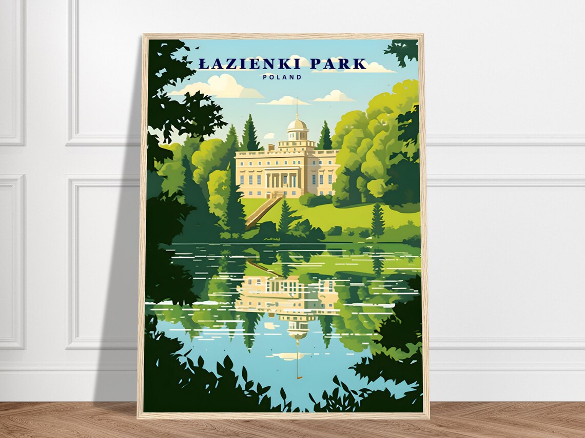 Lazienki Park Poland Palace Lake Reflection Vintage Travel Poster