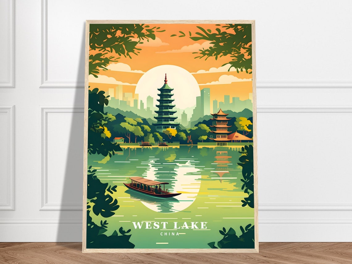 West Lake Hangzhou China Pagoda Sunrise Vintage Travel Poster