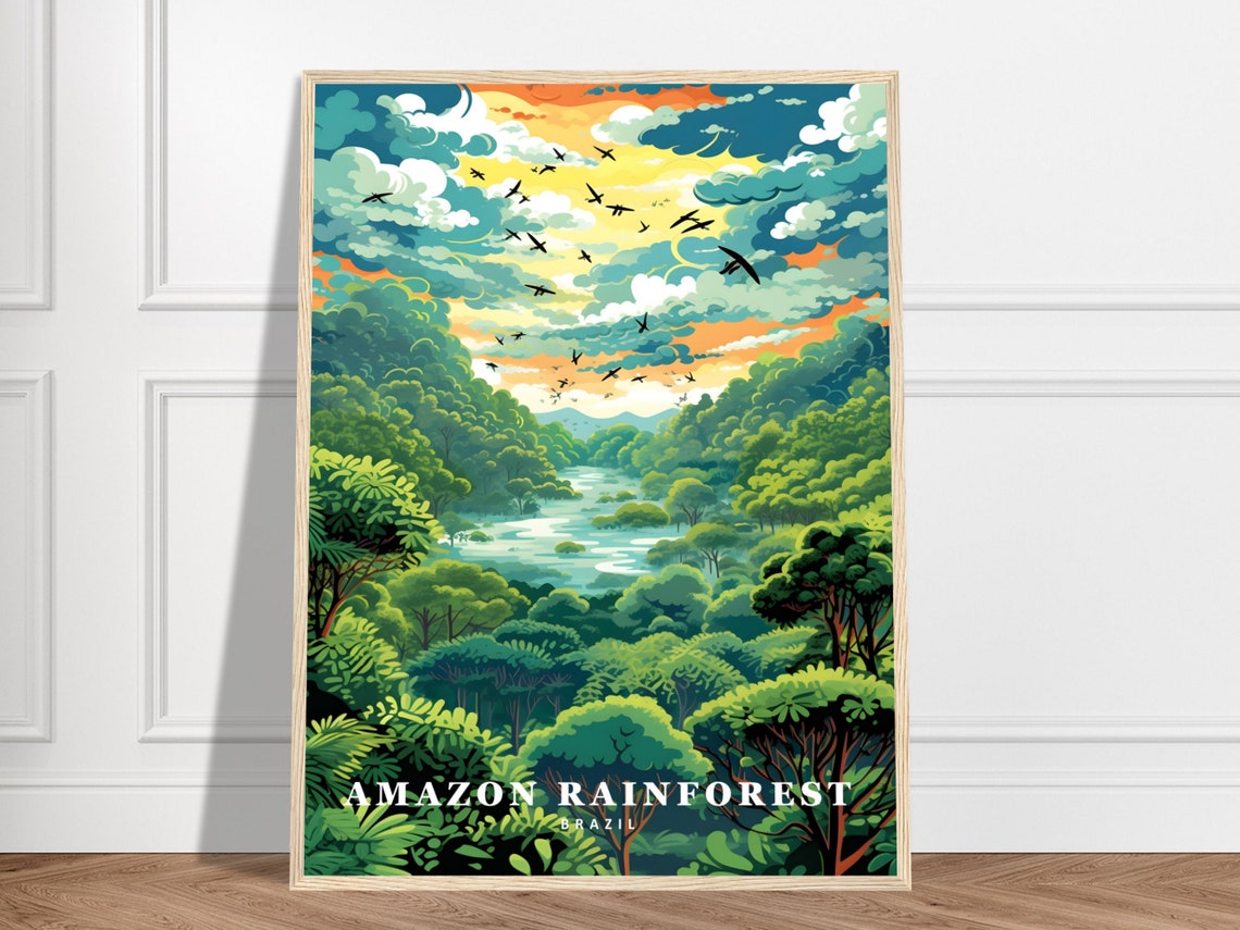 Amazon Rainforest Brazil Lush Jungle River Birds Vintage Travel Poster