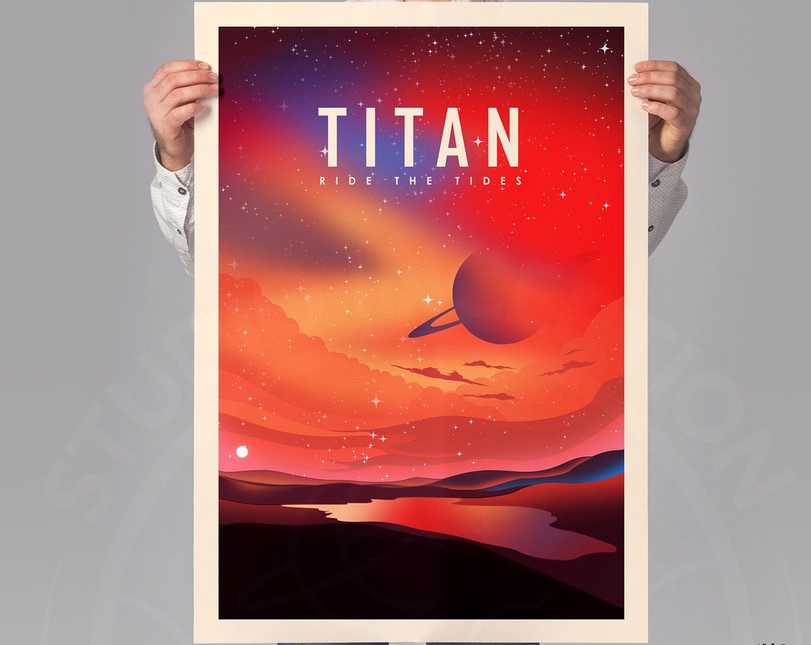 Titan Moon Ride The Tides Saturn Sky Retro Space Travel Poster