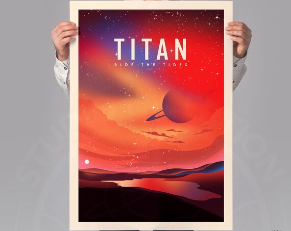 Titan Moon Ride The Tides Saturn Sky Retro Space Travel Poster
