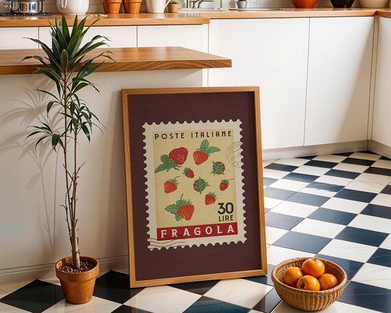 Italian Fragola Strawberry Postage Stamp Art Print Kitchen Wall Decor
