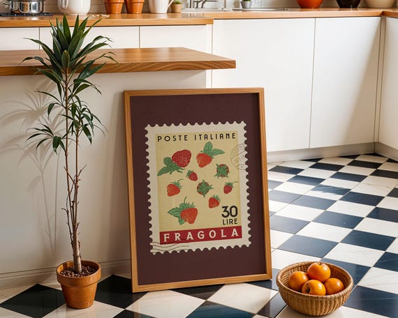 Strawberry Poster Fruit Market Print Italian Food Art Wall Set Retro Kitchen