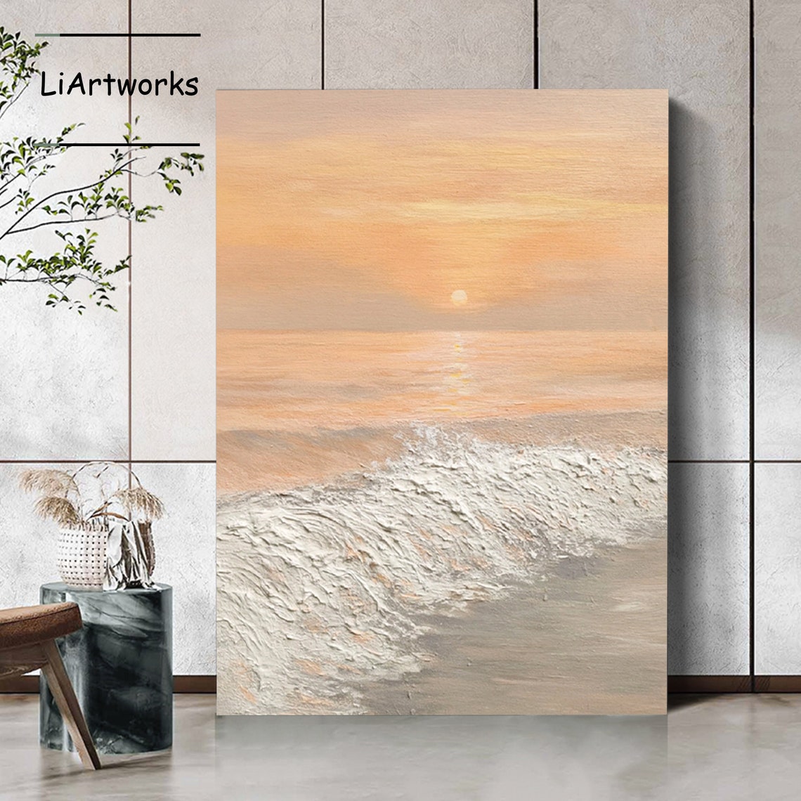 Abstract Peach Sunset Ocean Waves Textured Impasto Seascape Art Poster - Image 2