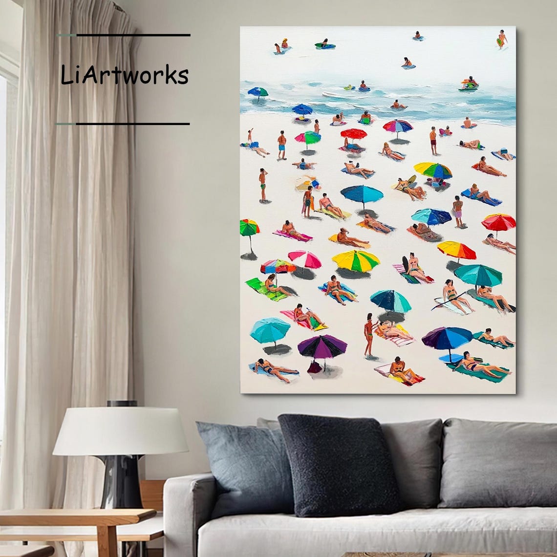 Sunny Beach Scene Colorful Umbrellas Surfers Summer Joy Art Poster - Image 3