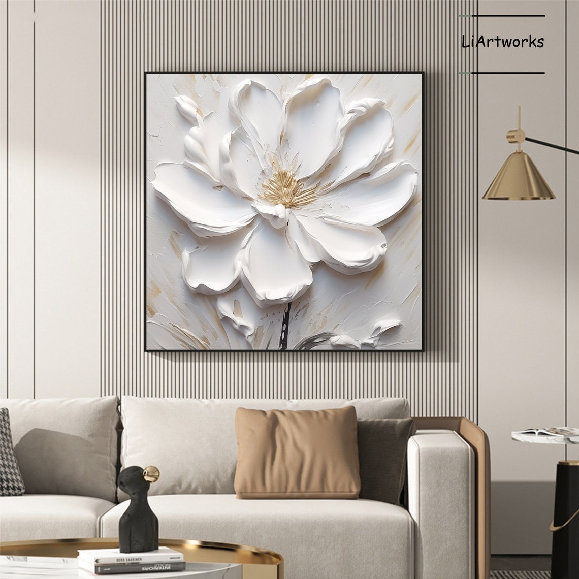 White Flower Gold Center 3D Textured Diagonal Paint Art Poster - Image 4