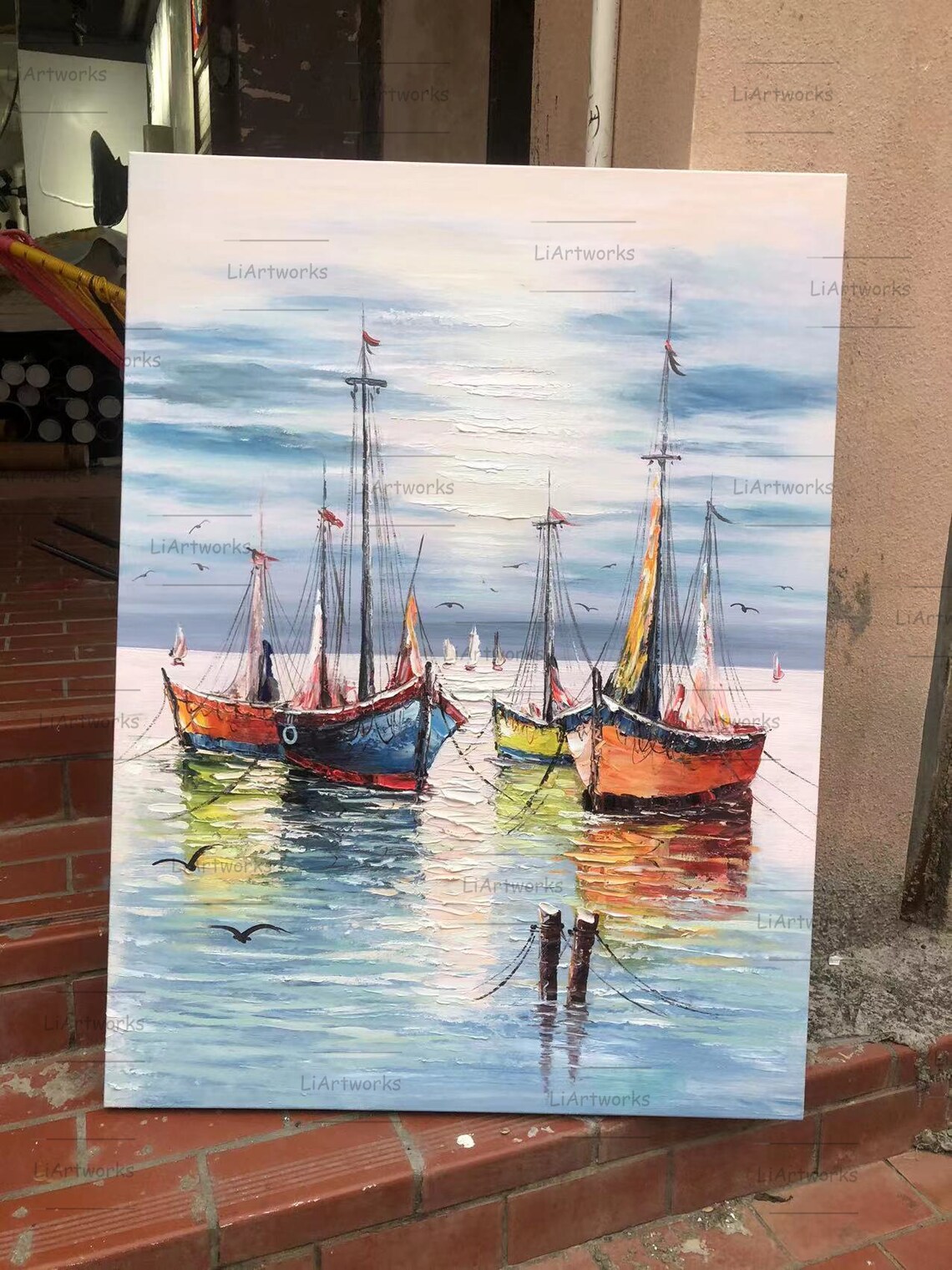 Impressionist Harbor Scene with Colorful Sailboats and Seagulls Art Poster - Image 4