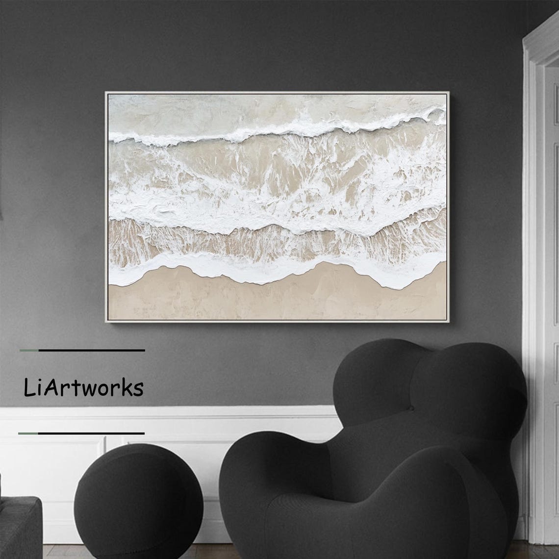 Aerial View of Sandy Shoreline With Rolling White Foamy Waves Poster - Image 4