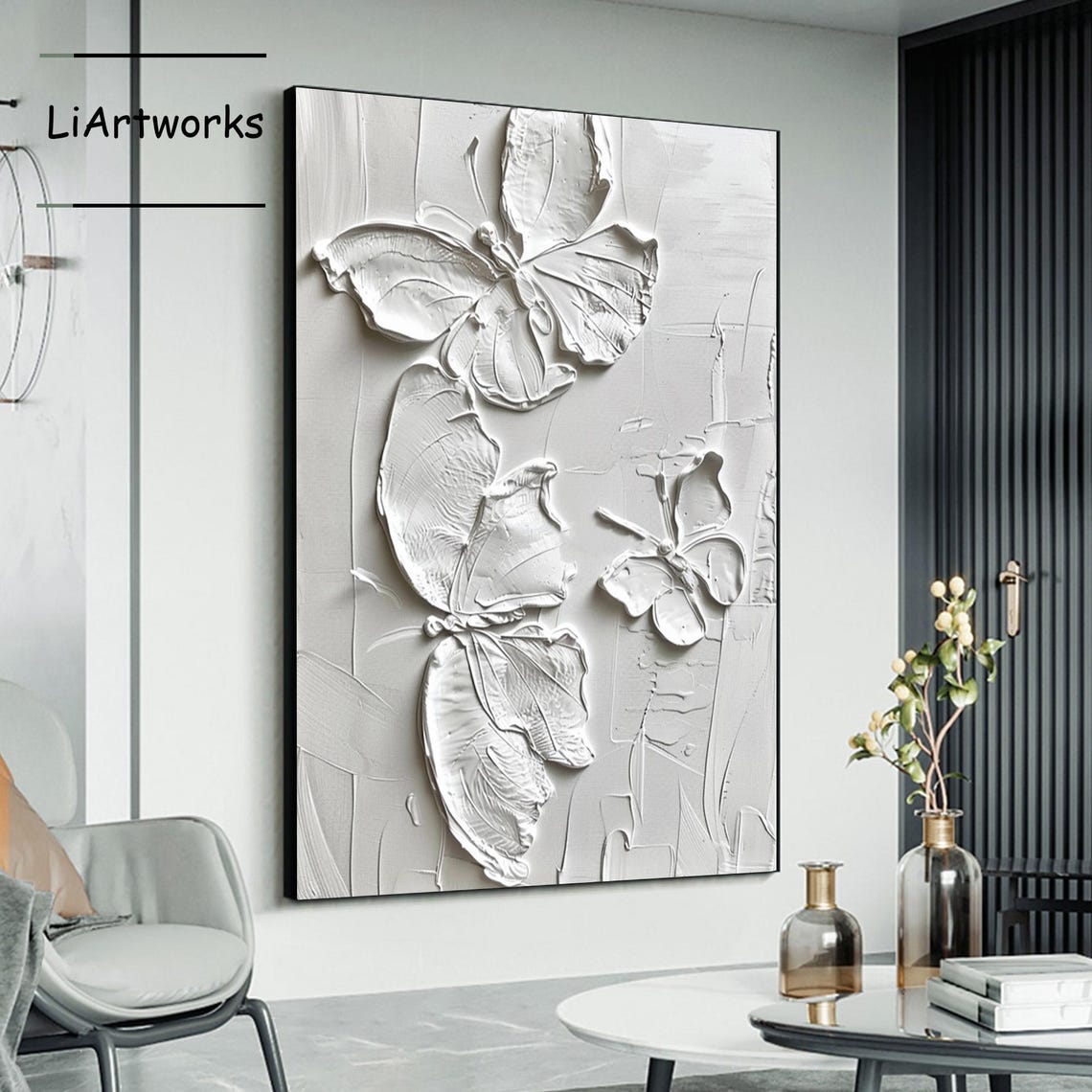 Three White Butterflies 3D Textured Sculptural Relief Poster - Image 4