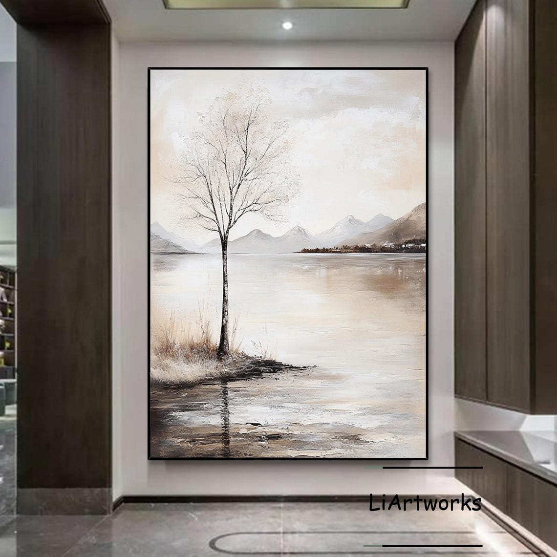 Lone Bare Tree by a Calm Reflective Lake With Distant Mountains Poster - Image 4