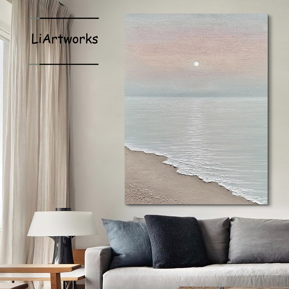 Pastel Sunrise Over Calm Beach 3D Textured Coastal Art Poster - Image 3