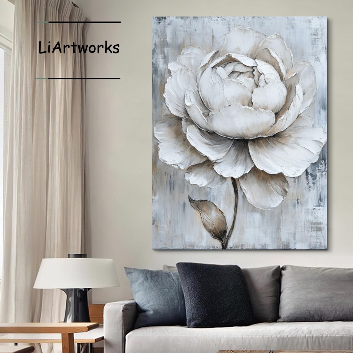 Large White Gray Flower Oil Painting On 3d Gray White Flower Textured Art Abstract Blooming Floral Painting Flower Acrylic Painting - Image 4