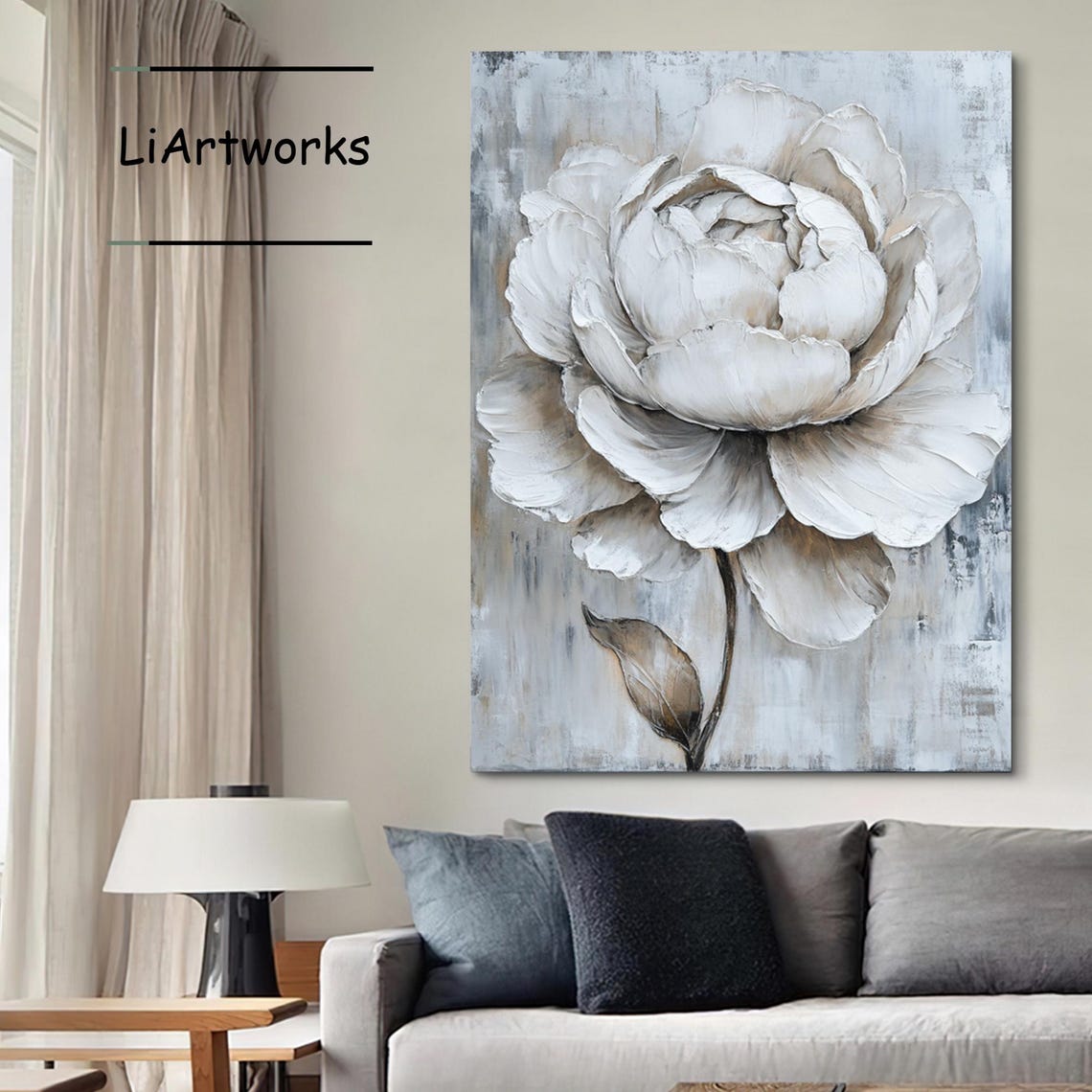White Peony Bloom In Gray Wash With Bronze Leaf Detail Poster - Image 4
