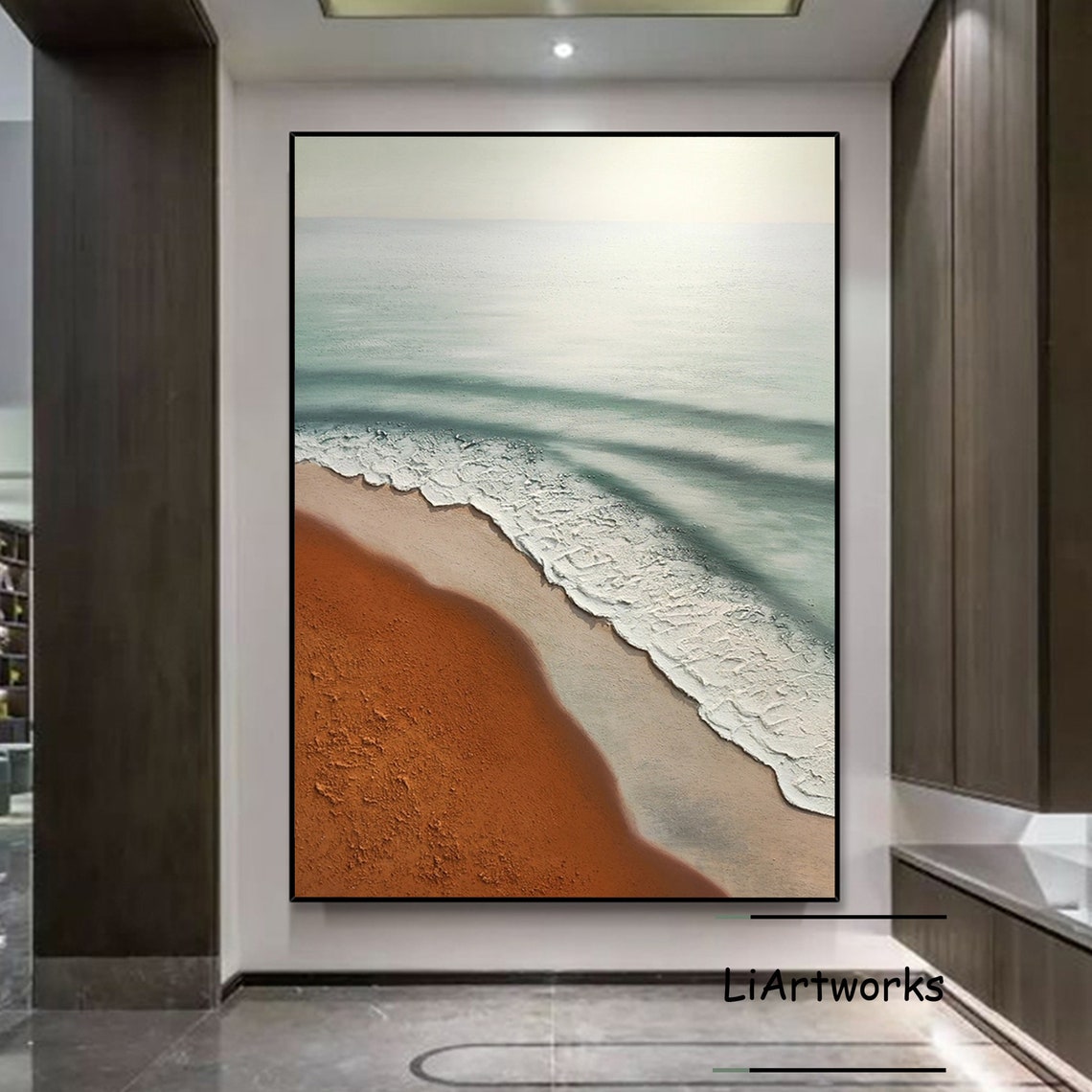 Aerial View of Coastal Waves on Terracotta Sand Textured Ocean Poster - Image 3