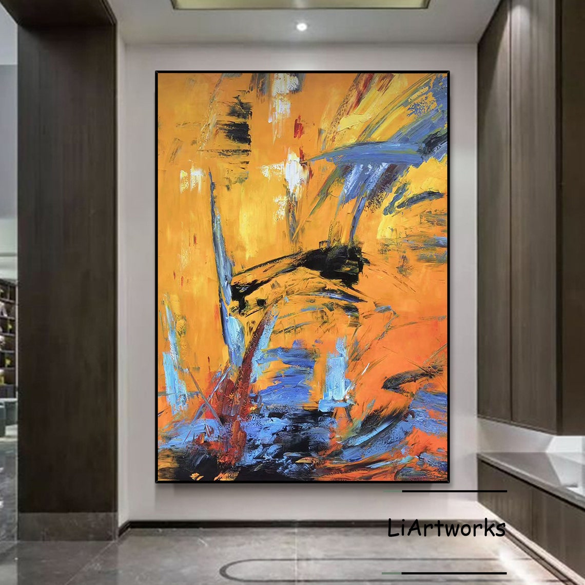 Fiery Orange Abstract With Blue And Black Dynamic Strokes Poster - Image 3
