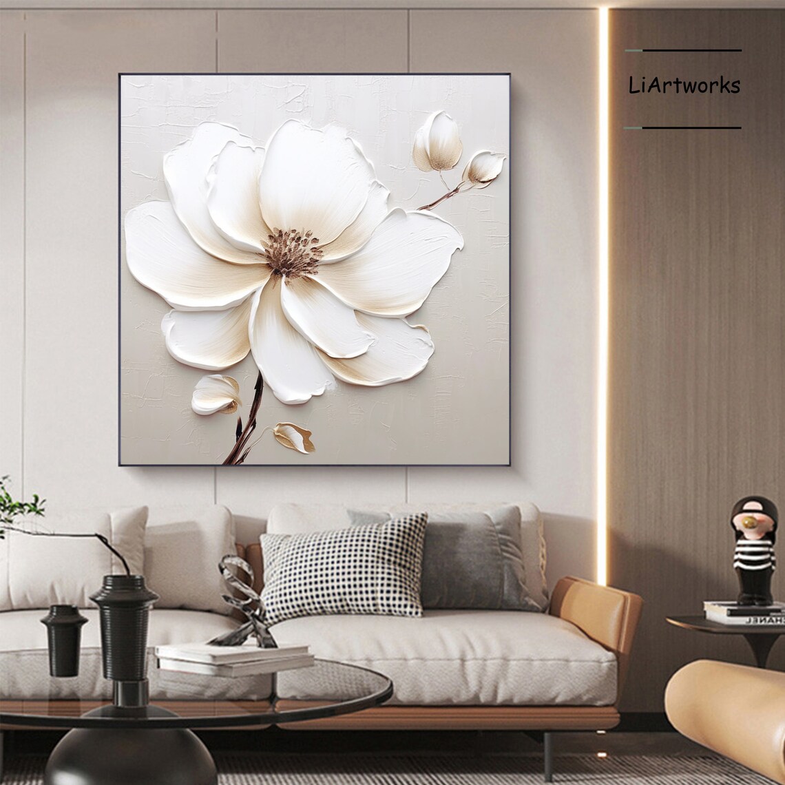 Large Flower Texture Oil Painting On White 3d Palette Knife Painting White Beige Flower Art Flower Acrylic Painting Floral Wall Decor - Image 3